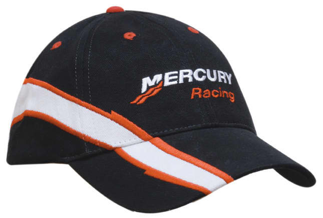 A black cap with orange and white accents, featuring an embroidered logo on the front.
