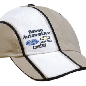 A beige and white cap featuring embroidery stripes and a branded logo on the front, with a sandwich peak design.