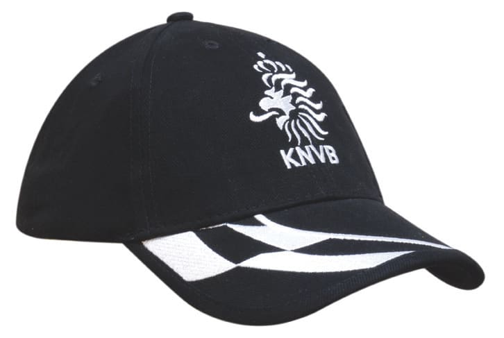 A black cap with a check pattern and an embroidered logo on the peak.