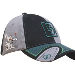 A black and grey cap with a peak insert, featuring an embroidered logo and design details in green.