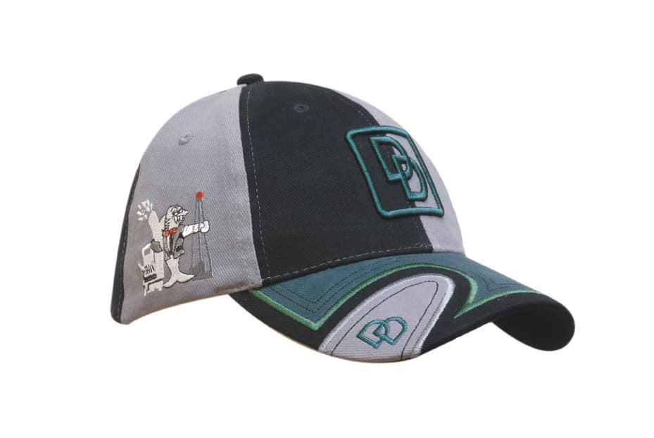 A black and grey cap with a peak insert, featuring an embroidered logo and design details in green.