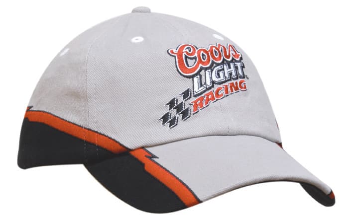 A grey cap featuring contrasting black and orange trim, with a logo and flash embroidery.
