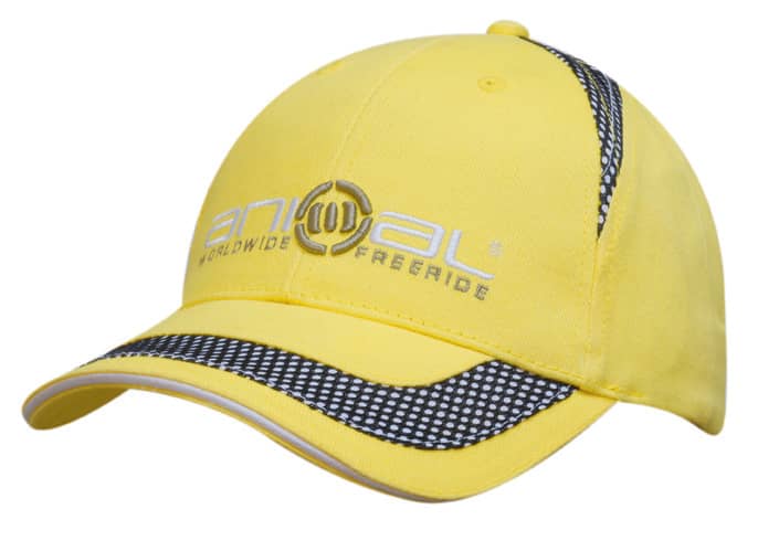 A yellow brushed heavy cotton cap with mesh inserts and a logo on the front.