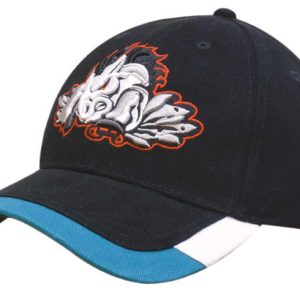 A black cap with a two-tone peak trim, featuring an embroidered design on the front and a logo.