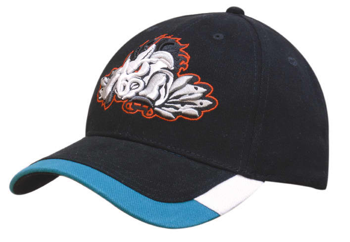 A black cap with a two-tone peak trim, featuring an embroidered design on the front and a logo.