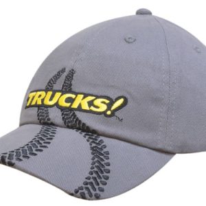A grey brushed heavy cotton cap featuring tyre track embroidery and a logo.