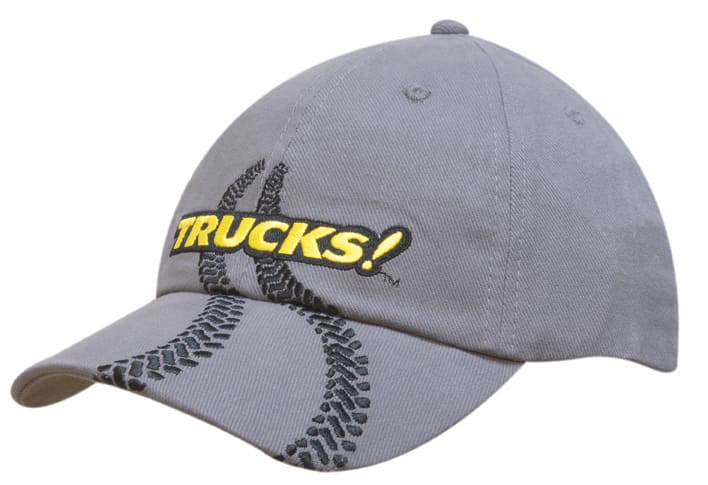 A grey brushed heavy cotton cap featuring tyre track embroidery and a logo.