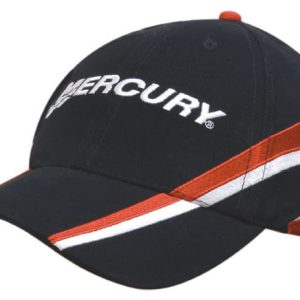 A black cap with embroidered trim in red and white, featuring a logo on the front.