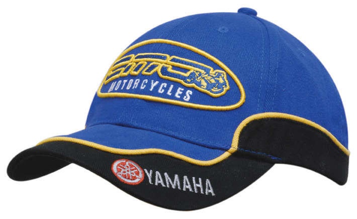 A blue cap with black trim and yellow piping, featuring a logo on the front and another on the brim.