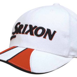 A white cap with a red and black sandwich trim, featuring a branded logo on the front.