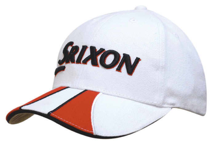 A white cap with a red and black sandwich trim, featuring a branded logo on the front.