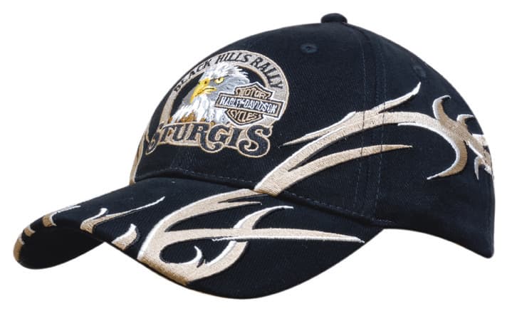 A black cap with sickle embroidery and a logo on the front, featuring cream and gold detailing.