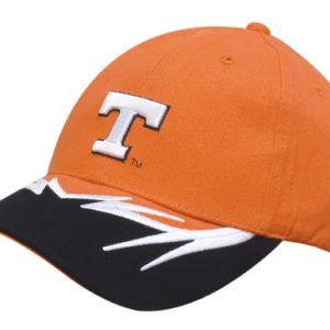 An orange cap with a black embroidered peak insert, featuring a logo on the front.