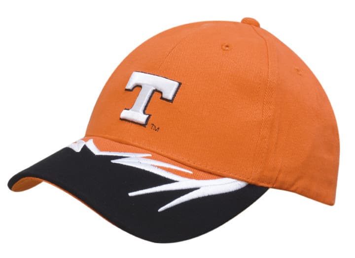 An orange cap with a black embroidered peak insert, featuring a logo on the front.