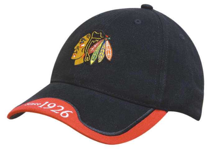 A black cap with a peak indent and embroidered trim, featuring a logo on the front and red detailing on the brim.