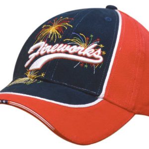 A dual-coloured cap featuring navy and red panels, with white piping and star decorations. Includes an embroidered logo.
