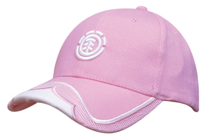 A pink cap featuring a mesh insert on the peak and embroidered trim, with a logo on the front.