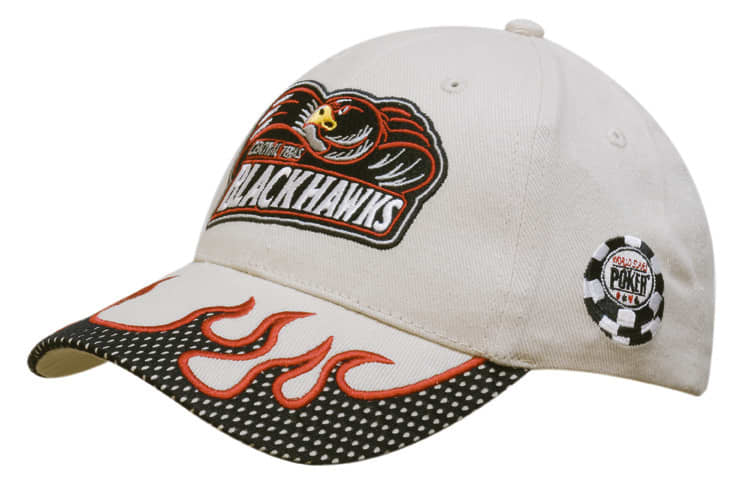 A light-coloured cap featuring a flame embroidery design and a logo detail on the front.