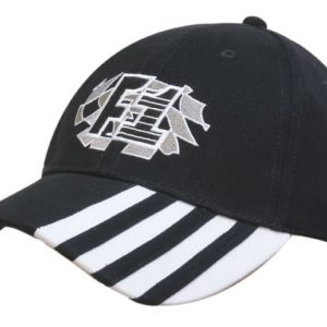 A black cap with a laminated peak and striped inserts, featuring a logo on the front.