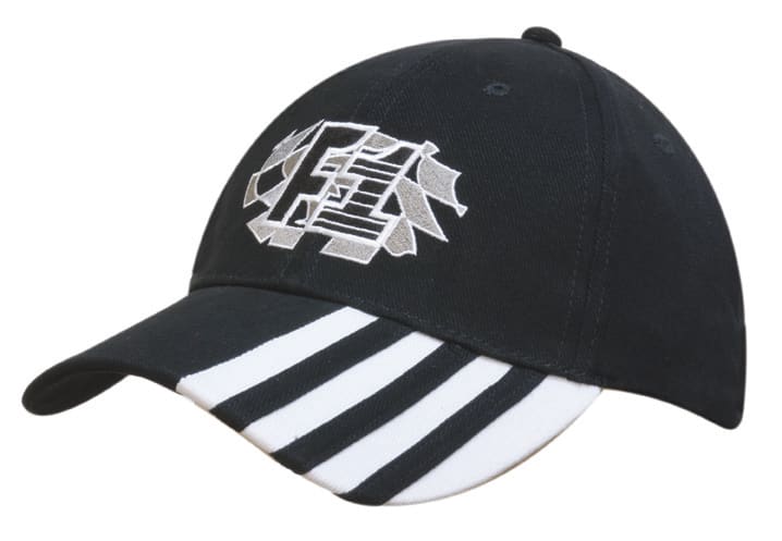 A black cap with a laminated peak and striped inserts, featuring a logo on the front.