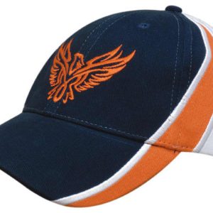 A navy blue cap with orange and white accents and an embroidered logo on the front.