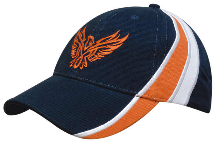 A navy blue cap with orange and white accents and an embroidered logo on the front.