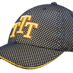 A navy mesh-covered cotton cap with yellow stitching and a logo on the front.