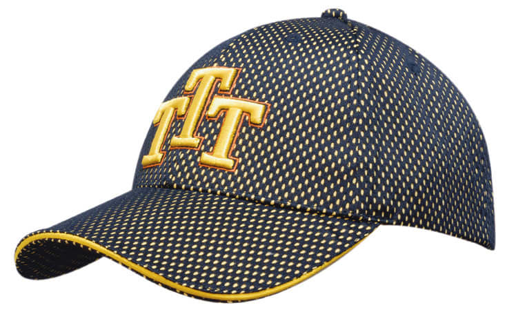 A navy mesh-covered cotton cap with yellow stitching and a logo on the front.