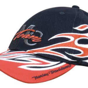 A black and red cap featuring flame embroidery and a logo on the front.