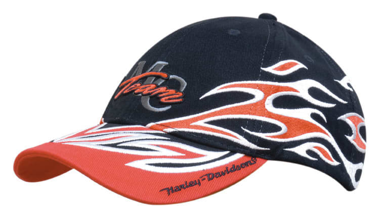 A black and red cap featuring flame embroidery and a logo on the front.