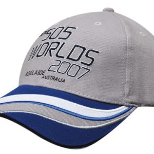 A grey cap with a blue brim, featuring embroidered trim and a logo, designed for headwear.