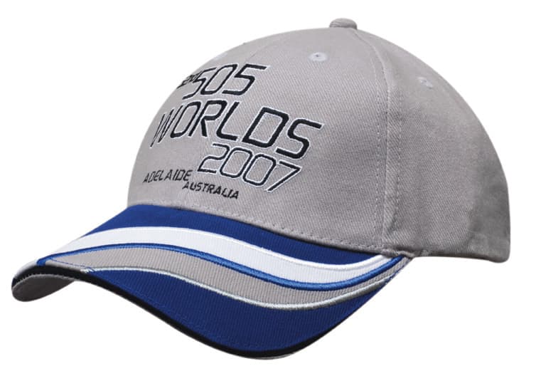 A grey cap with a blue brim, featuring embroidered trim and a logo, designed for headwear.