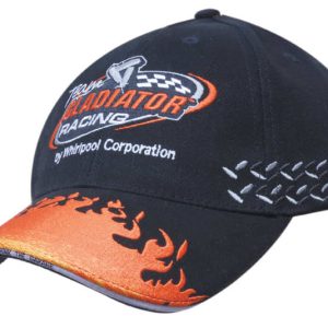 A black cap with flame embroidery on the peak and a side flag embroidery, featuring a logo on the front.