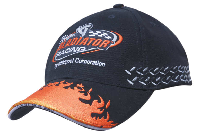 A black cap with flame embroidery on the peak and a side flag embroidery, featuring a logo on the front.