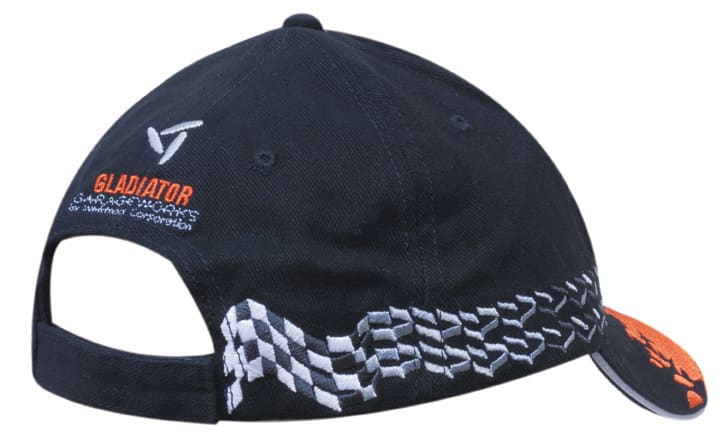 A black cap with flame embroidery on the peak and a checked pattern, featuring branding on the side.