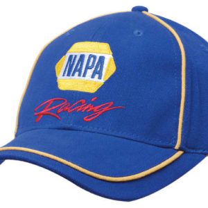 A blue cap with yellow piping and an embroidered logo, featuring the words "Racing."