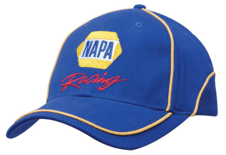 A blue cap with yellow piping and an embroidered logo, featuring the words 