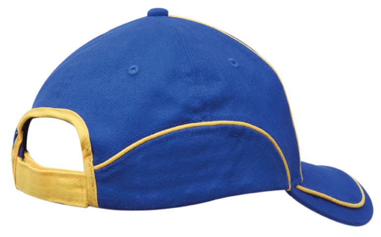 A blue cotton cap with yellow piping and an adjustable strap at the back, featuring a logo.