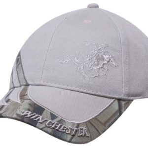 A grey cap with camouflage inserts and a logo on the front. It features a curved brim and an adjustable fit.