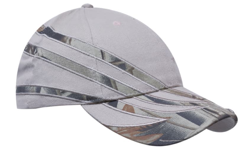 A grey cap with camouflage inserts, featuring multiple textured stripes and a branded logo.