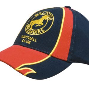 A navy and red cap featuring embroidered peaks and crown inserts, with a logo on the front.