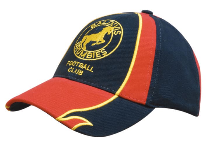 A navy and red cap featuring embroidered peaks and crown inserts, with a logo on the front.