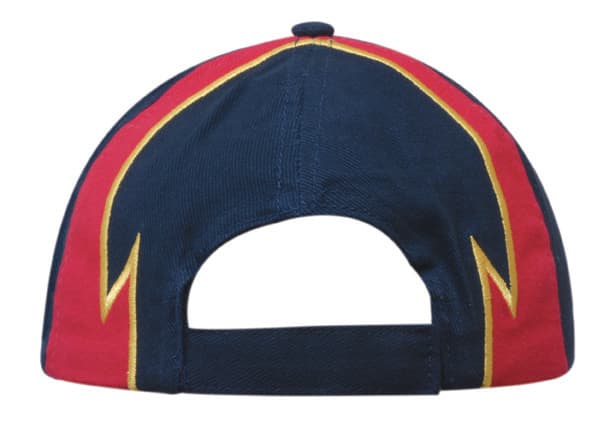 A navy and red brushed heavy cotton cap featuring embroidered edged inserts on the peak and crown, with a logo.