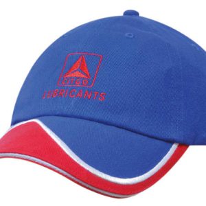 A blue cap with a red sandwich peak and insert, featuring a logo on the front.