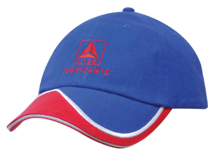 A blue cap with a red sandwich peak and insert, featuring a logo on the front.