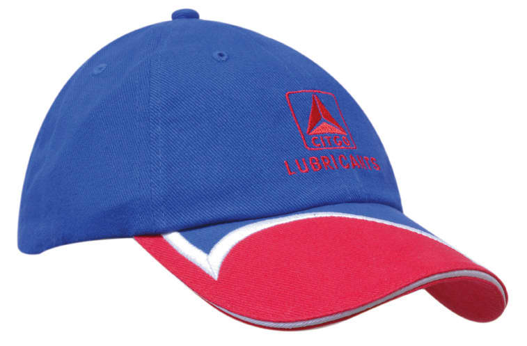 A blue cap with a red peak insert and logo, featuring a brushed heavy cotton design.