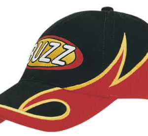 A black and red cap featuring wave embroidery and a logo, with yellow accents and a curved brim.