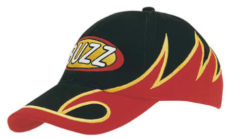 A black and red cap featuring wave embroidery and a logo, with yellow accents and a curved brim.