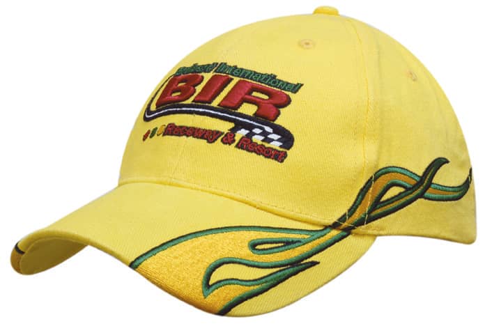 A yellow cap featuring flame embroidery on the peak and side, with a logo on the front.