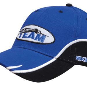 A blue and black brushed heavy cotton cap features a curved peak and a logo on the front.